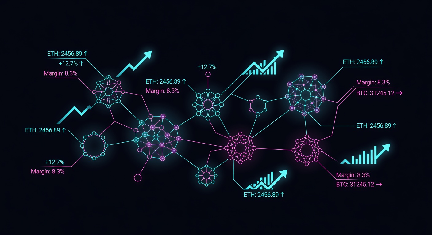 HUD statistics visualization as blockchain data nodes with cryptocurrency profit margin indicators