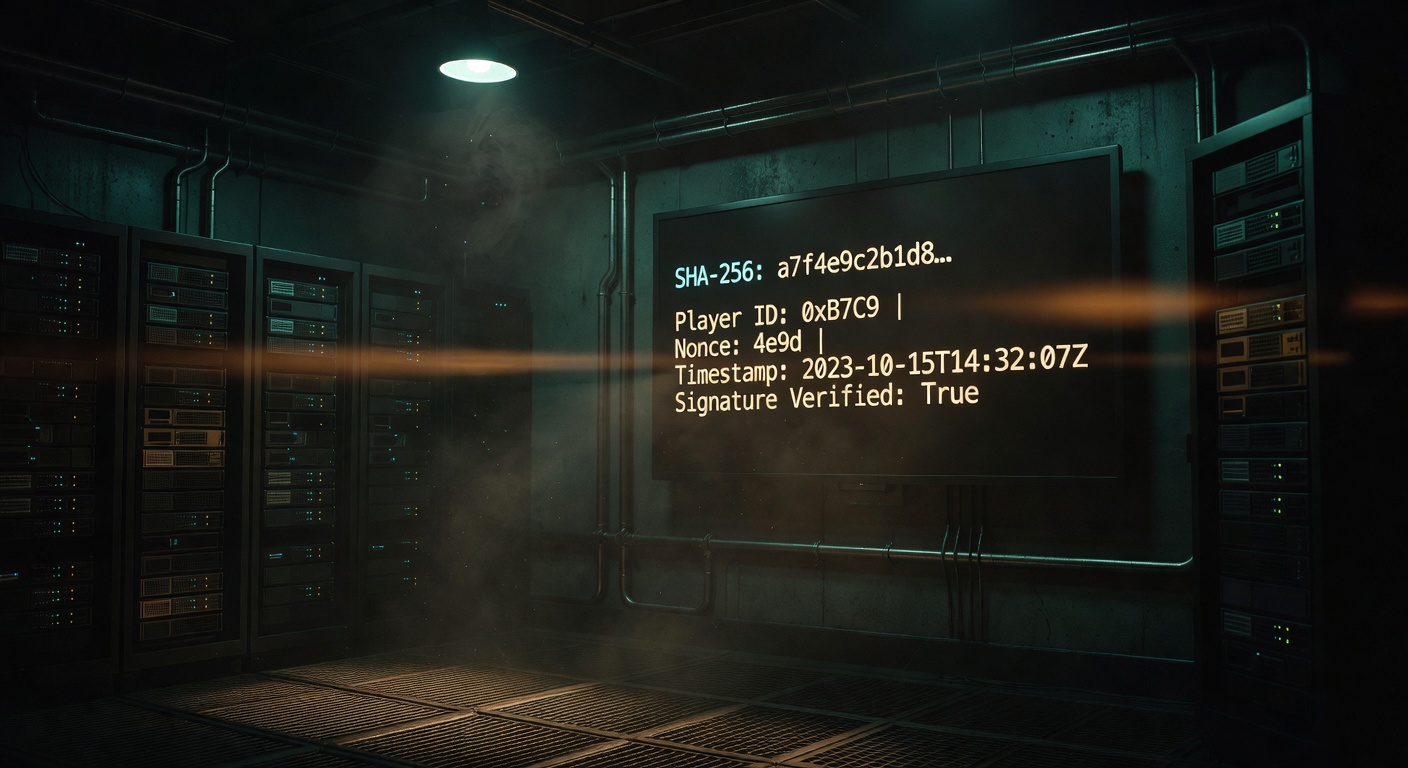 cryptographic hash output displayed alongside player verification input proving game fairness