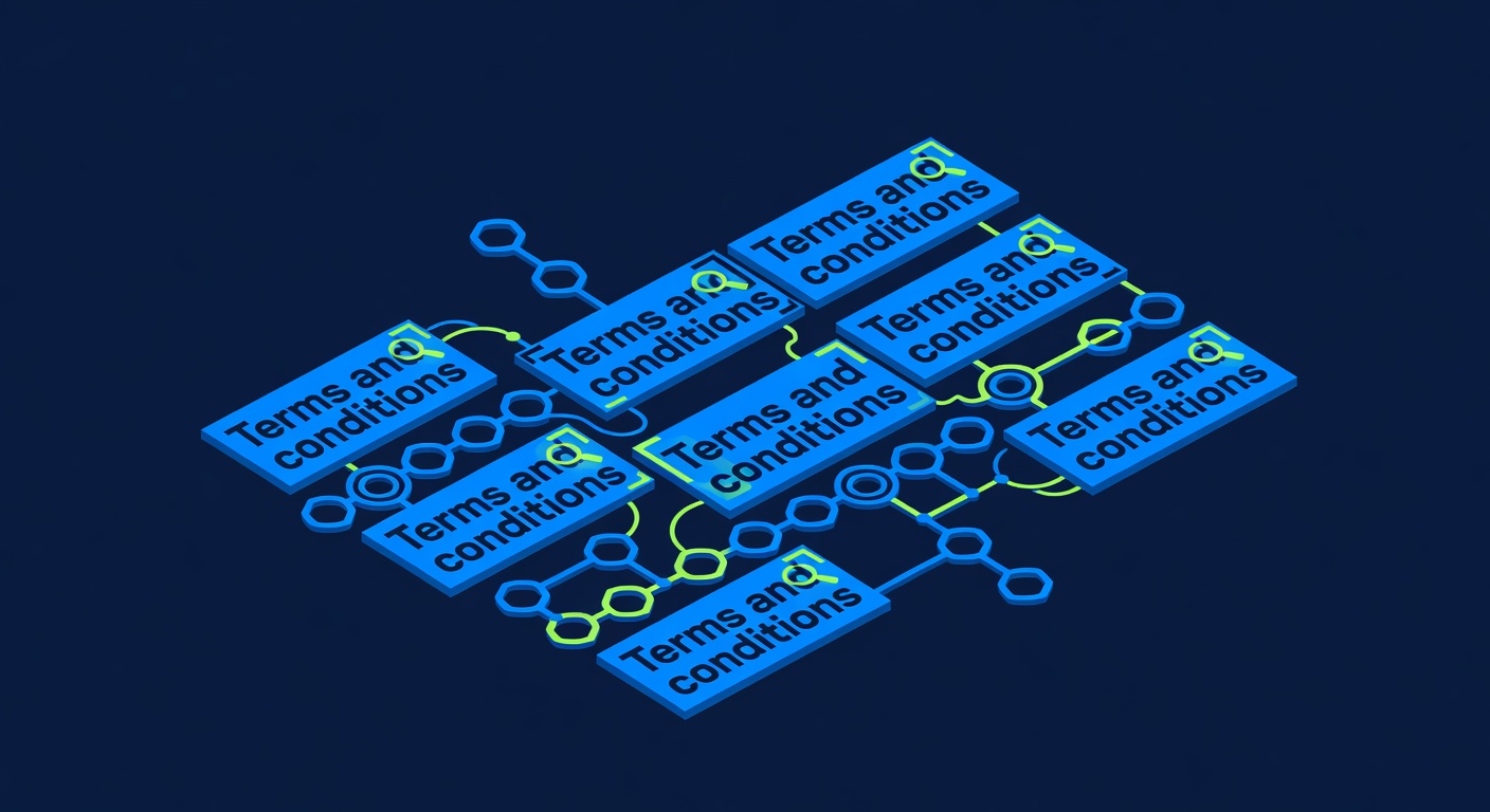 Terms and conditions text blocks symbolized as encrypted blockchain documents with search highlight symbols