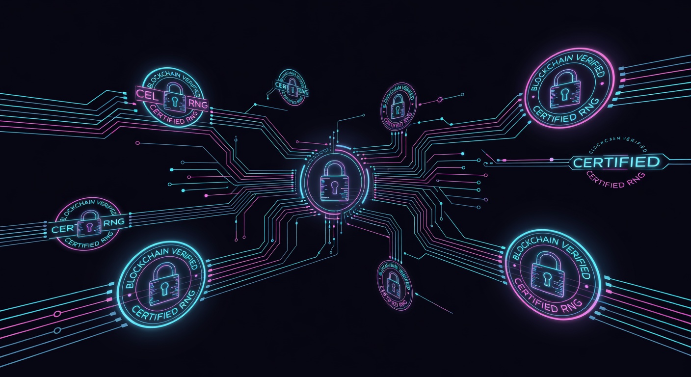 Certified RNG algorithm visualization with blockchain verification seals rotating through digital padlock rings