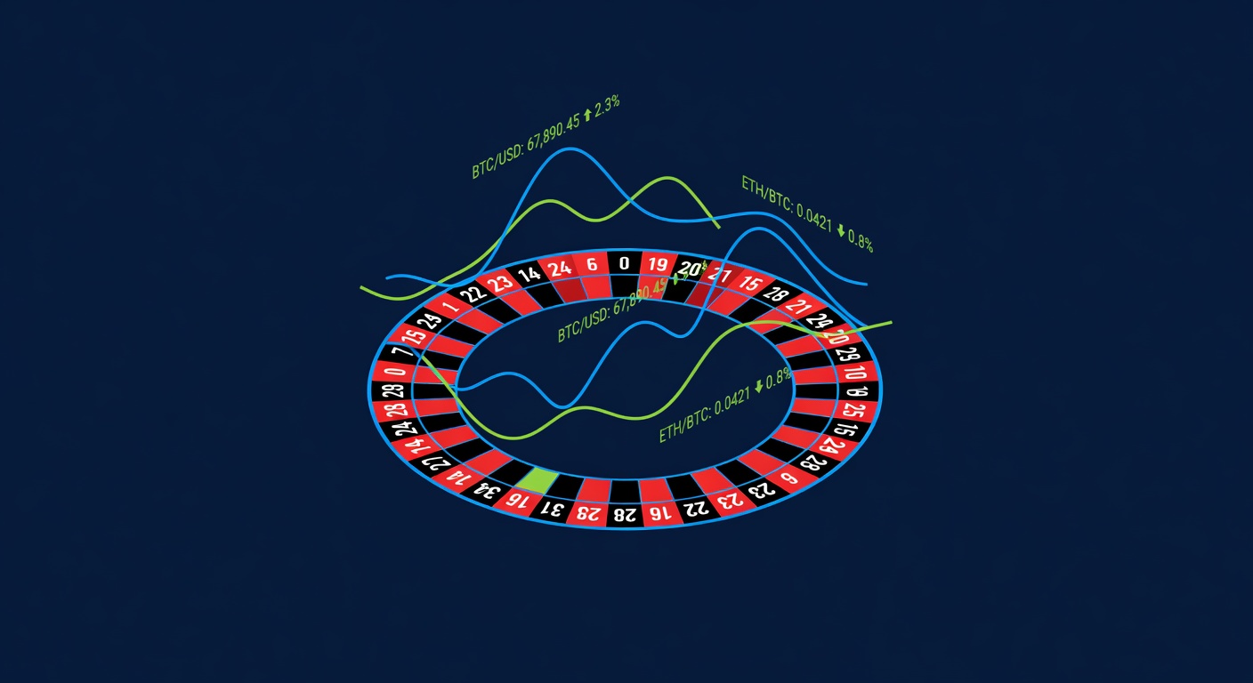 Roulette wheel numbers with probability distribution curves and cryptocurrency exchange rate overlays