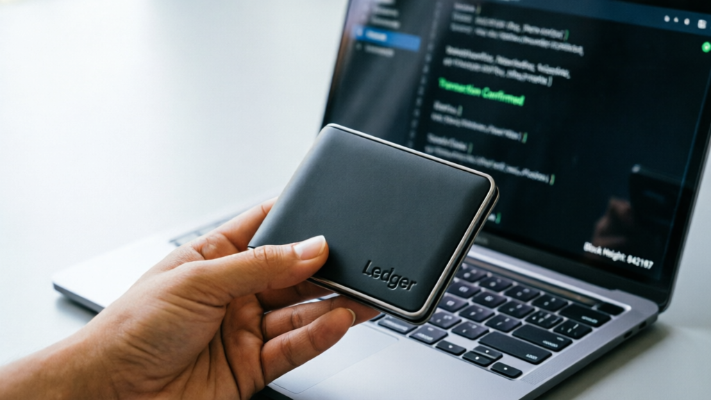hand holding hardware wallet beside open laptop with transaction screen