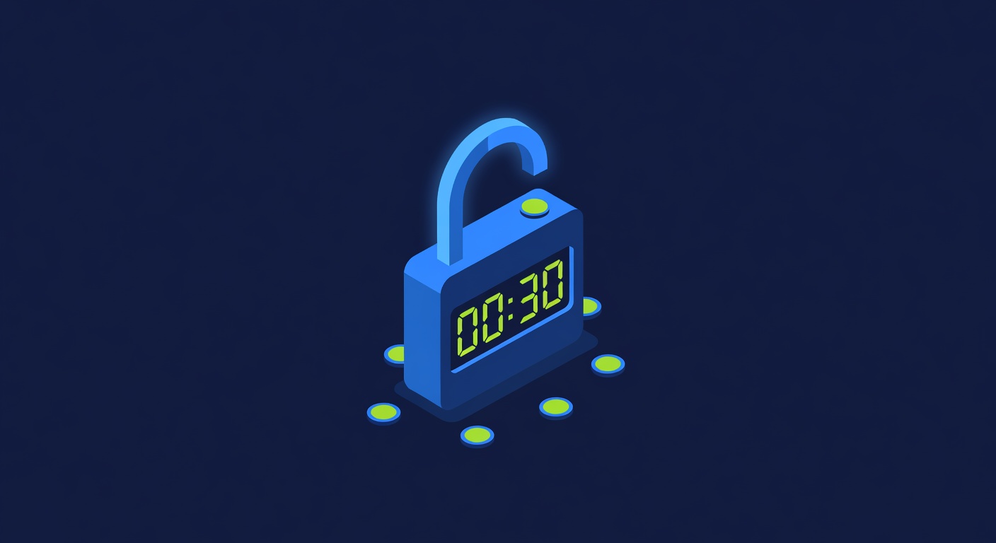 Session timeout timer visualized as digital padlock with countdown display and reactivation nodes