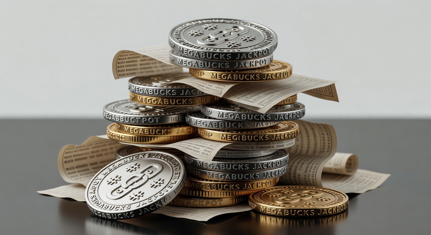 Megabucks jackpot amount visualized as towering cryptocurrency coin stack with historical blockchain records