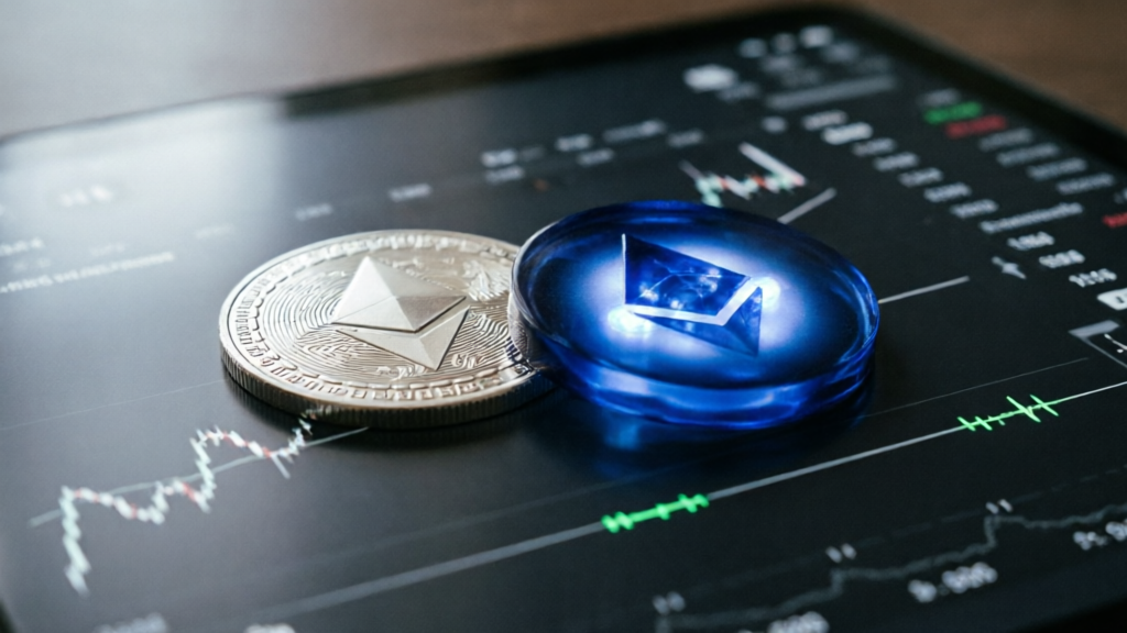 two digital tokens side by side on a dark exchange terminal screen