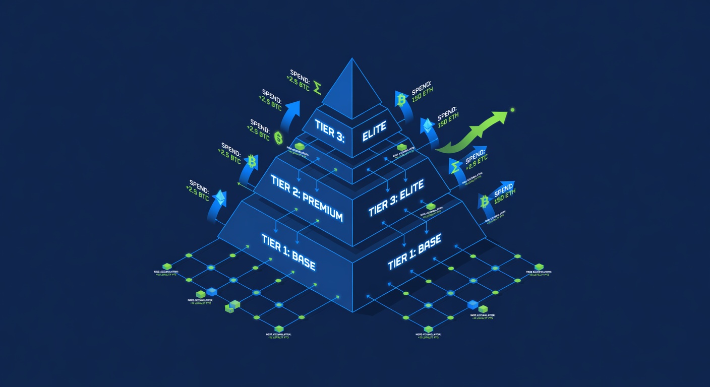 VIP tier pyramid with cryptocurrency spending indicators and blockchain loyalty node accumulation