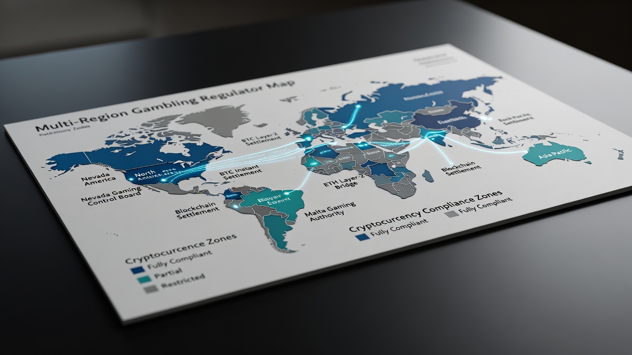 Multi-region gambling regulator map with cryptocurrency compliance zones and blockchain settlement paths