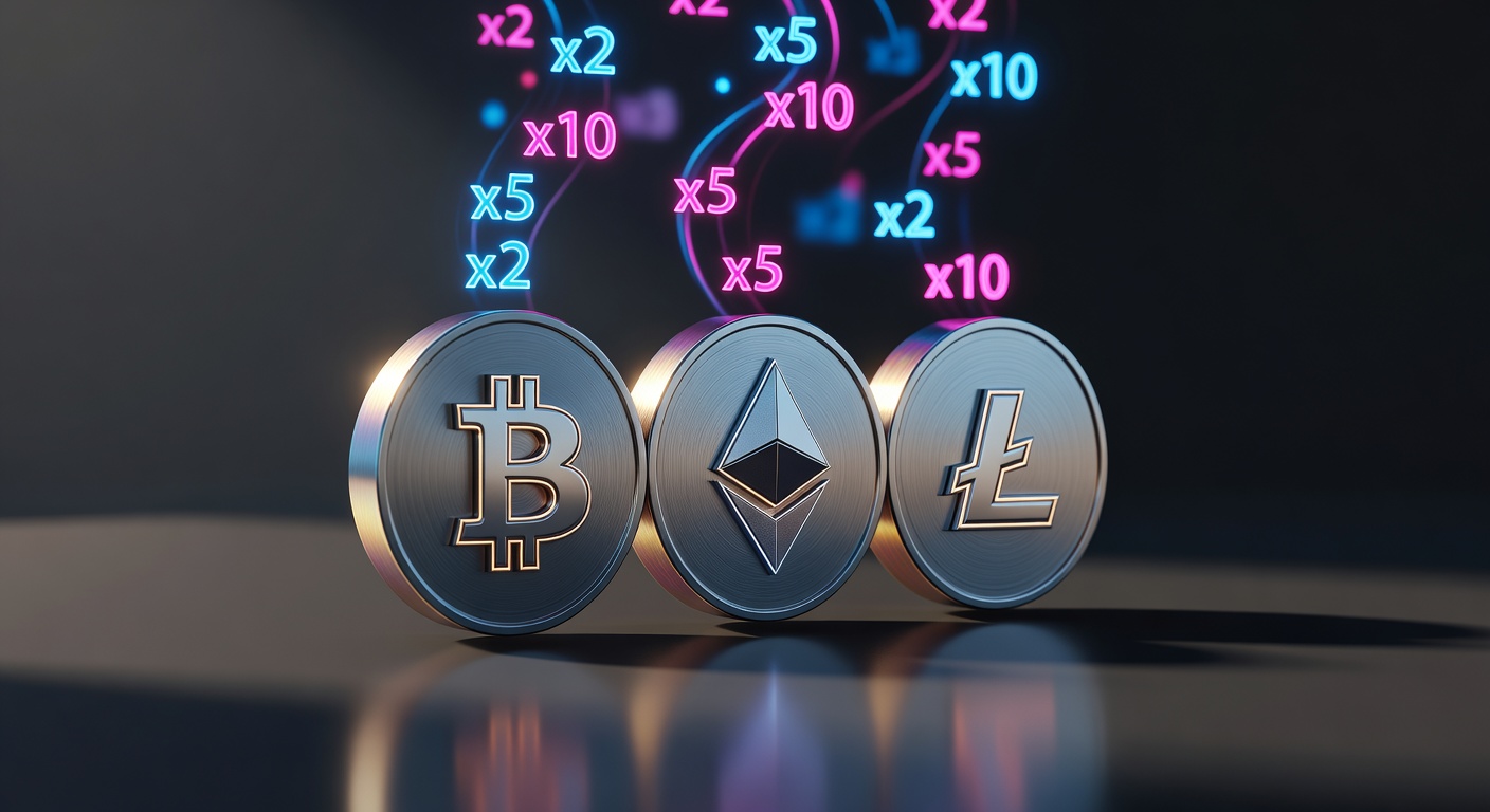 Slot machine reel symbols rendered as cryptocurrency coins with neon multiplier cascades