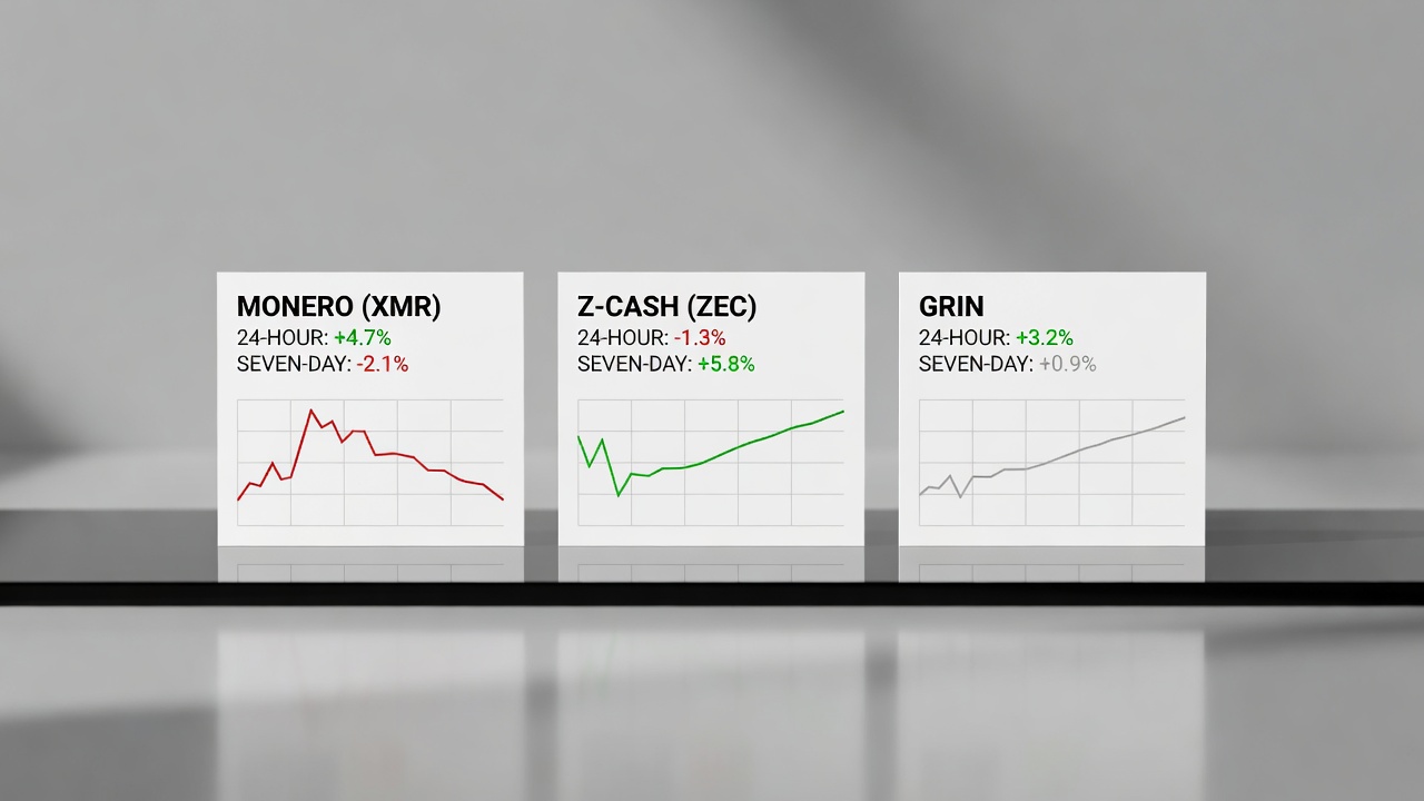 Three privacy coin charts showing 24-hour and seven-day percentage moves