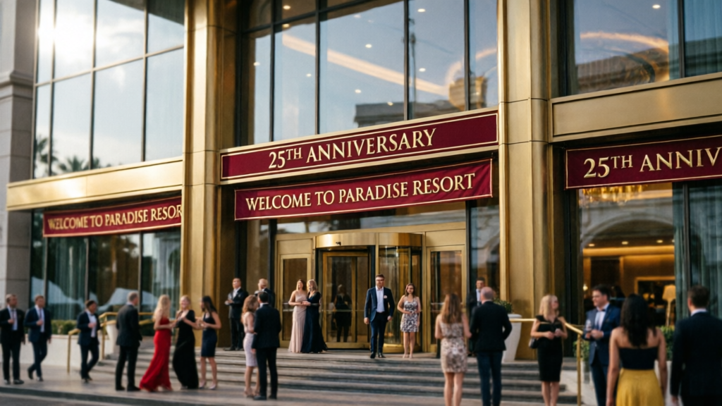 Casino resort entrance with anniversary banners and evening crowd
