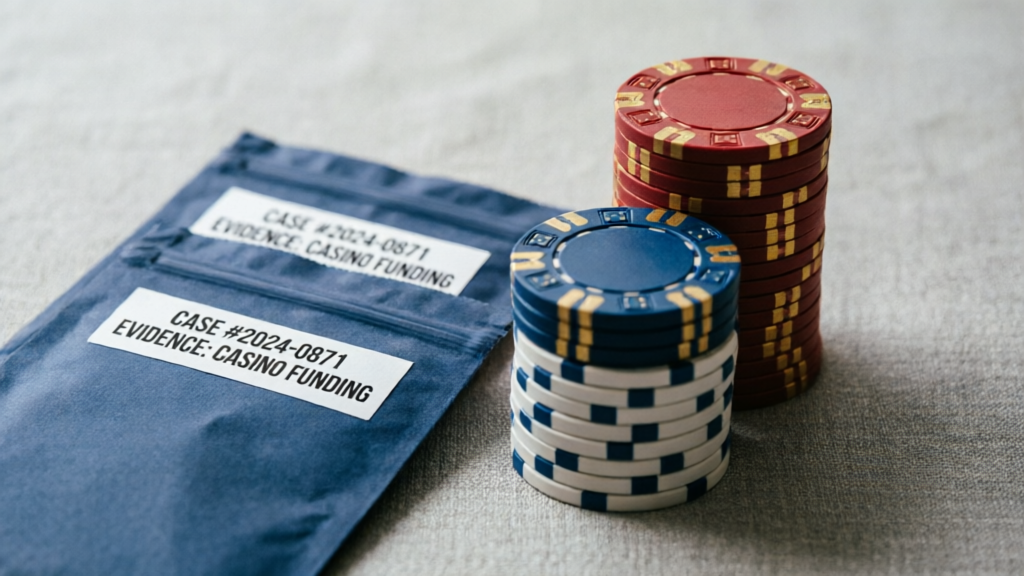 stacked casino chips and sealed evidence folders on a desk