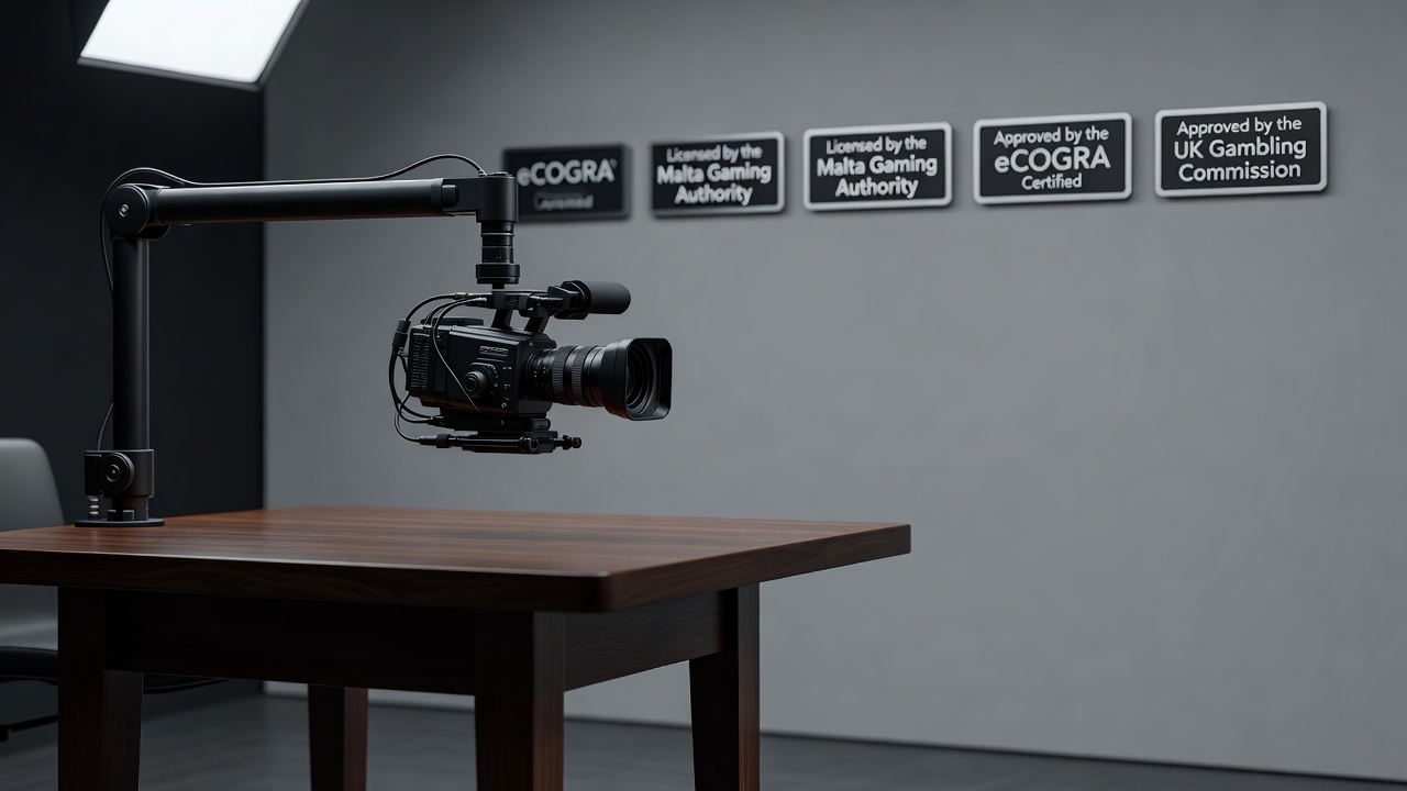 a live dealer studio camera rig mounted above a gaming table with licensing badges visible on the backdrop