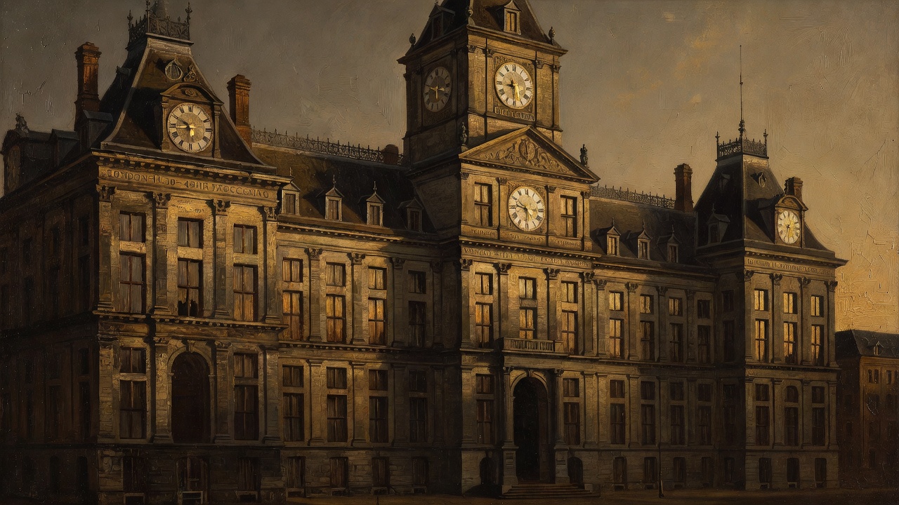 bank building skyline with clock faces showing different time zones and processing durations