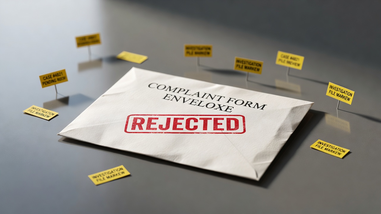 complaint form envelope with rejection stamp and investigation file markers fading into background