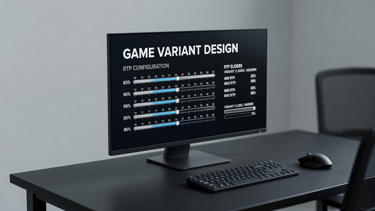 software development workspace showing game variant design interface with RTP configuration sliders