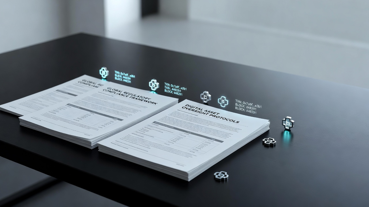 regulatory documents and blockchain transaction icons on a dark desk