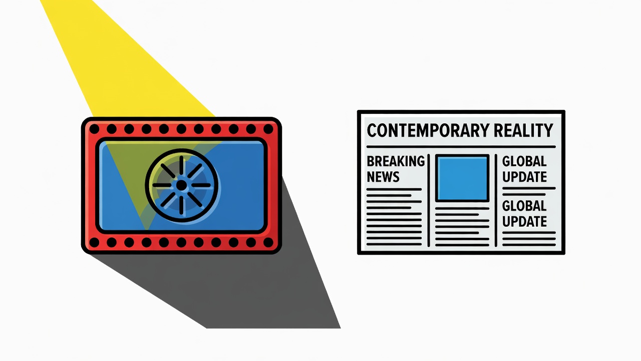 vintage film reel frame with dramatic spotlight effect next to contemporary reality newspaper clipping comparison