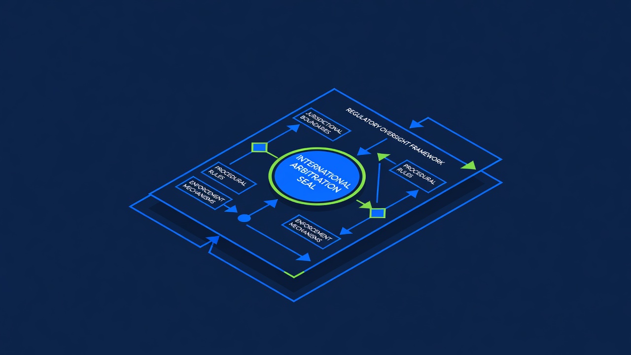 international dispute resolution document with arbitration seal, regulatory oversight framework shown