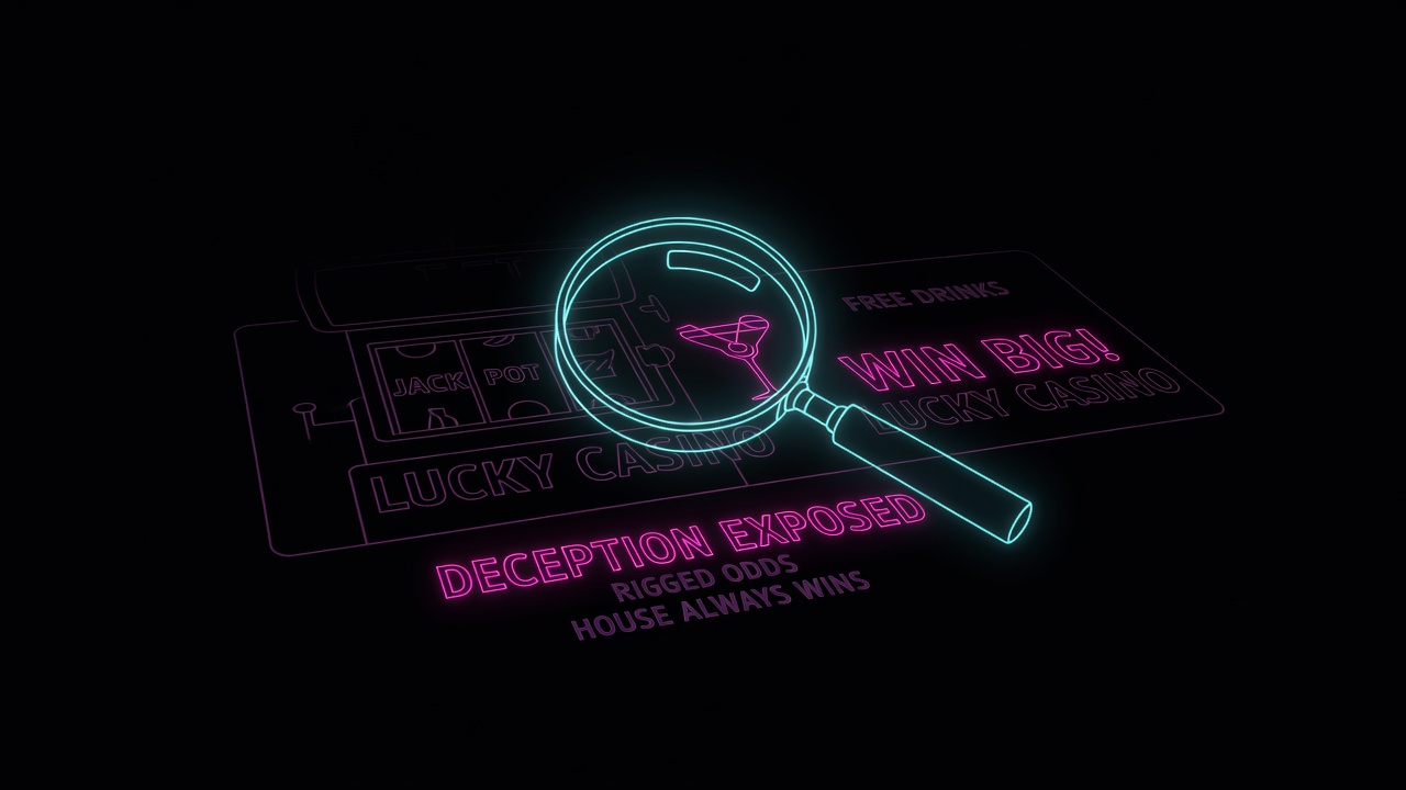magnifying glass illuminating hidden text beneath casino advertisement, deception exposed
