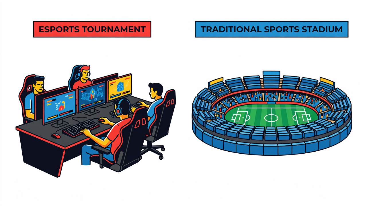 competitive gaming tournament setup with esports player desk alongside traditional sports stadium comparison