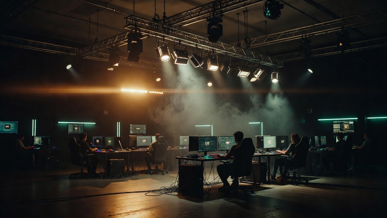 broadcast lighting rig illuminating live gaming studio floor, dominance apparent