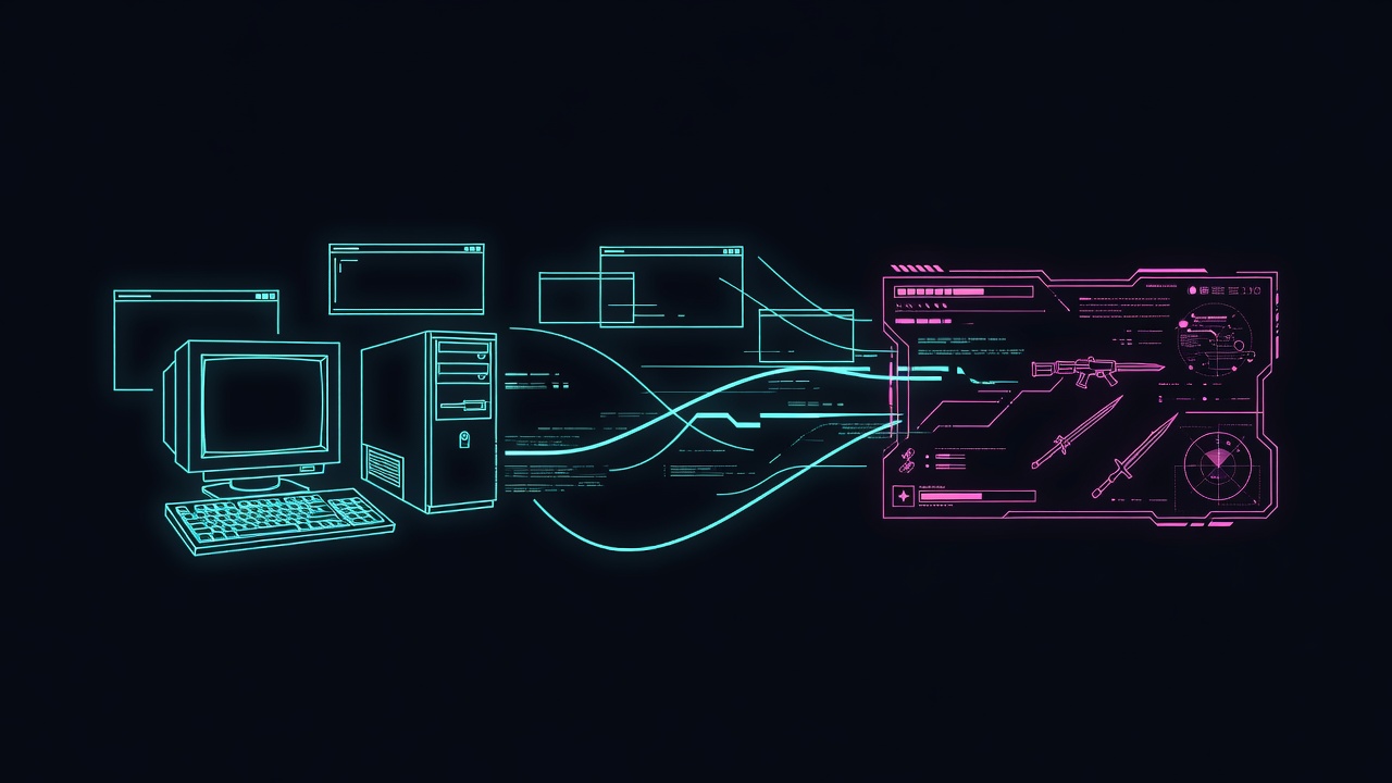 desktop computer screen from 1990s transitioning visually into modern gaming interface