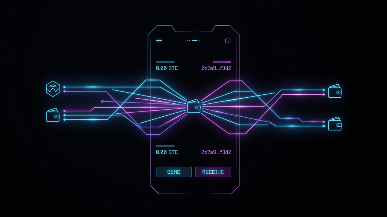 cryptocurrency wallet application interface displayed on mobile screen, transfer pathway illustrated visually
