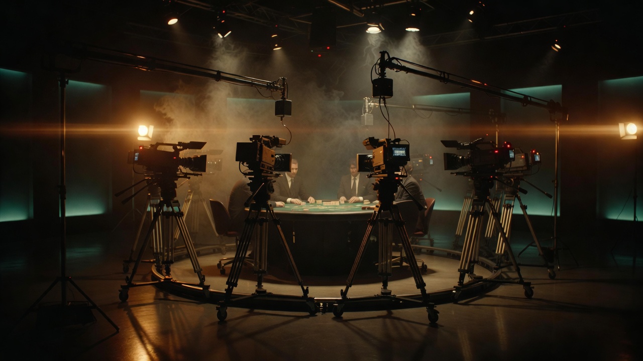 live baccarat studio camera array arranged in semi-circle, multi-angle recording setup visible overhead