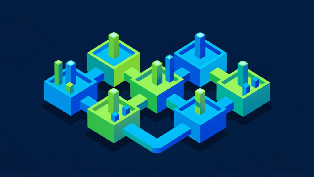 abstract isometric view of polygon blockchain pools with volume indicators