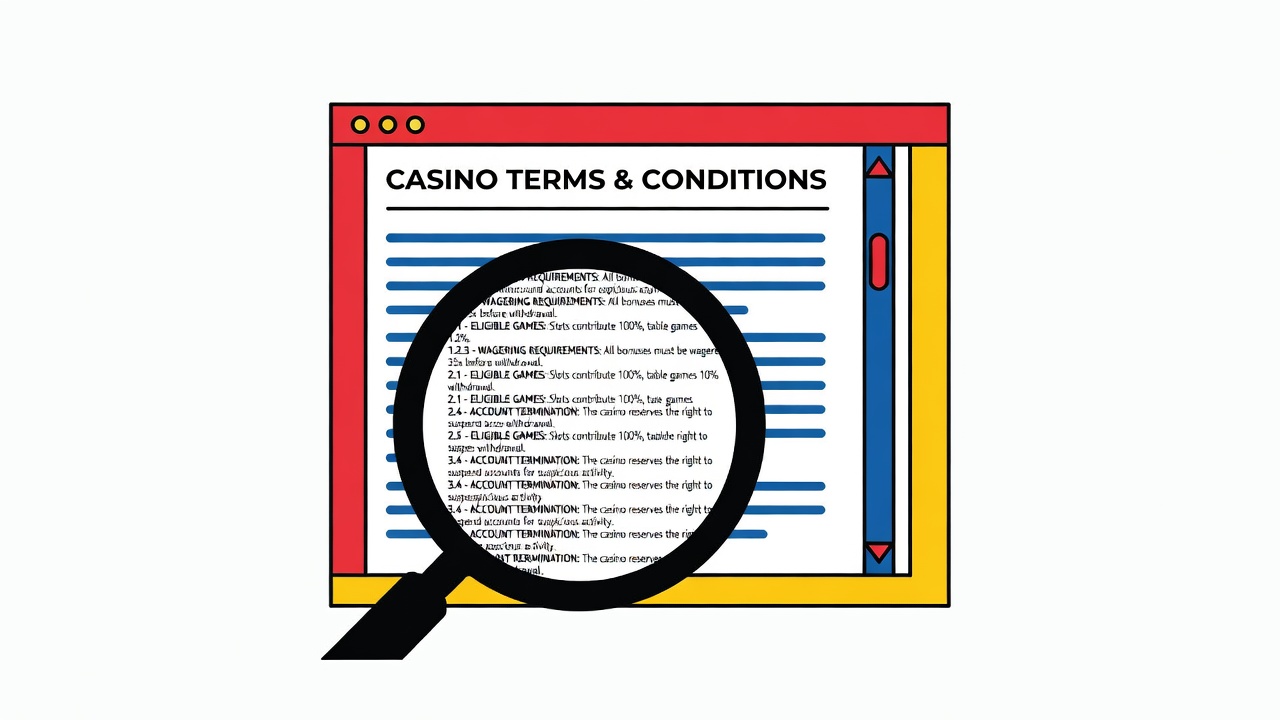 legal document interface showing casino terms-and-conditions scrolling, fine-print detail examination visible
