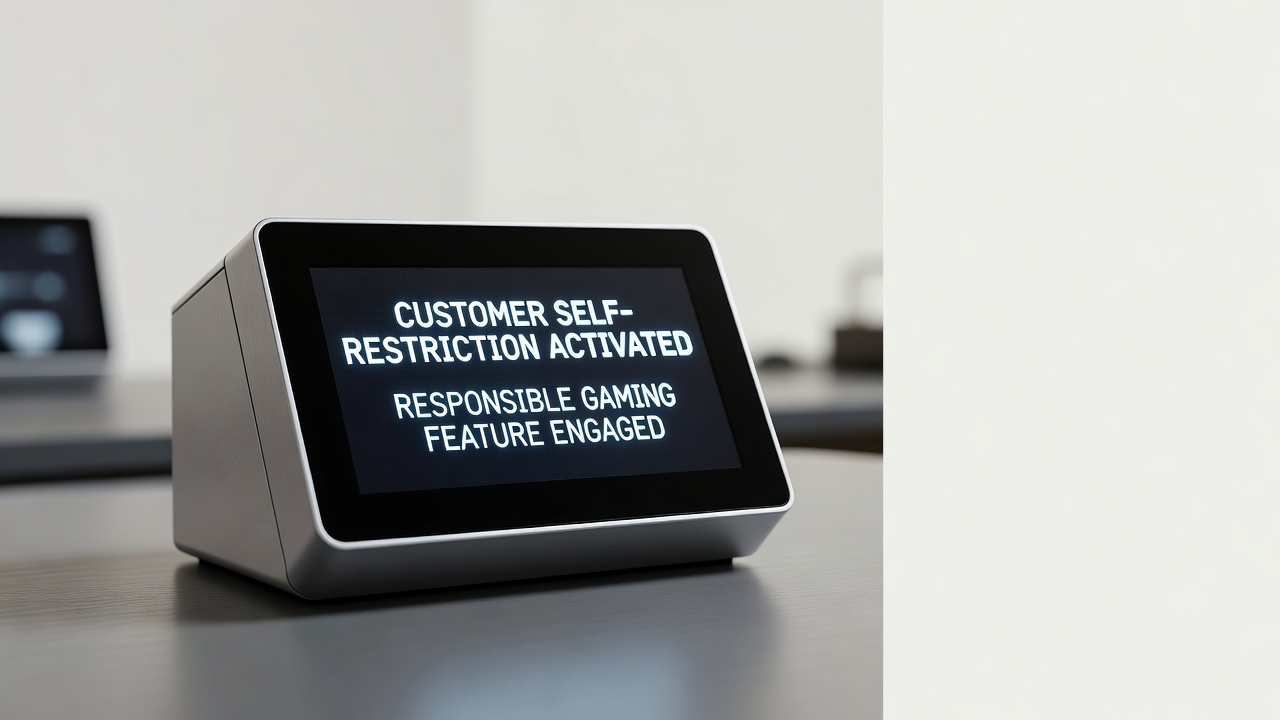 database terminal screen showing customer self-restriction activated, responsible gaming feature engaged
