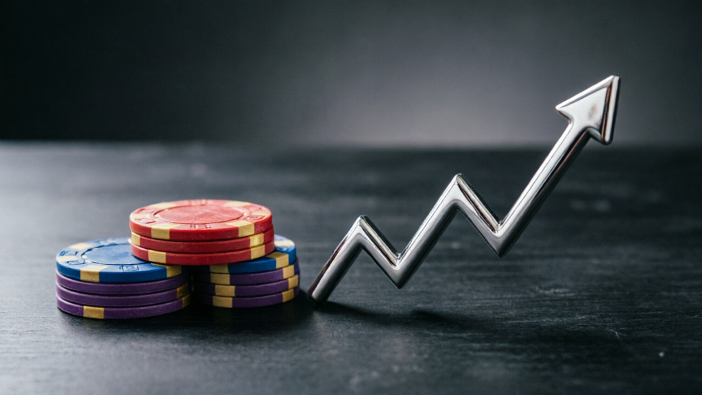 price chart line rising next to stacked casino chips on dark desk