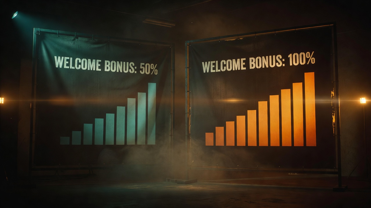 promotional banners side by side comparing welcome bonus percentages with visual bar charts