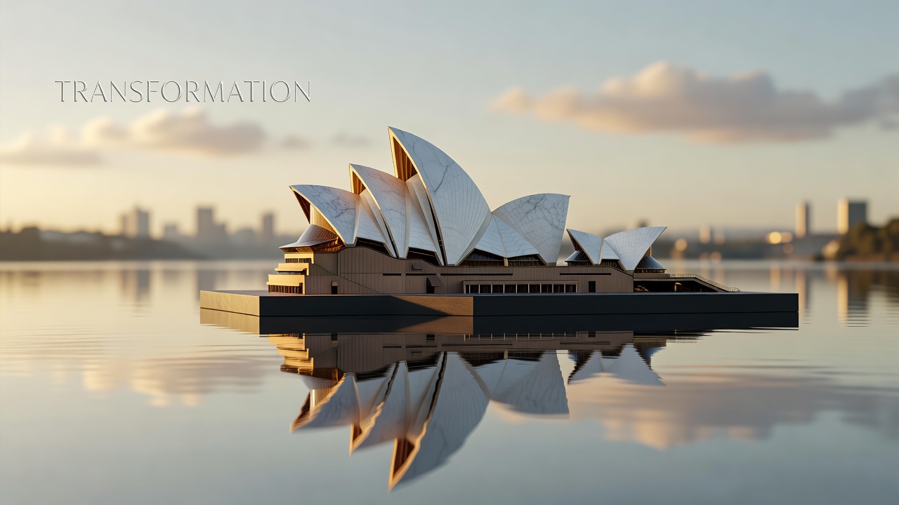 iconic architecture reflecting in still water during golden hour, transformation evident