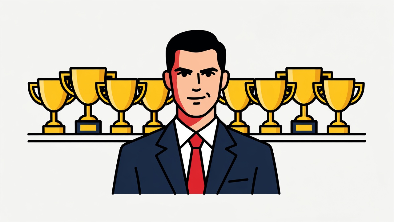 professional poker player portrait photograph with championship trophy collection displayed behind figure