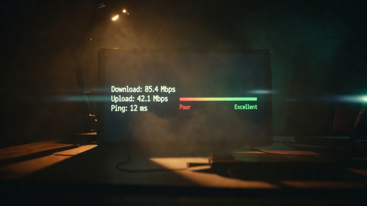 broadband speed test result display showing megabits per second measurements with quality indicator