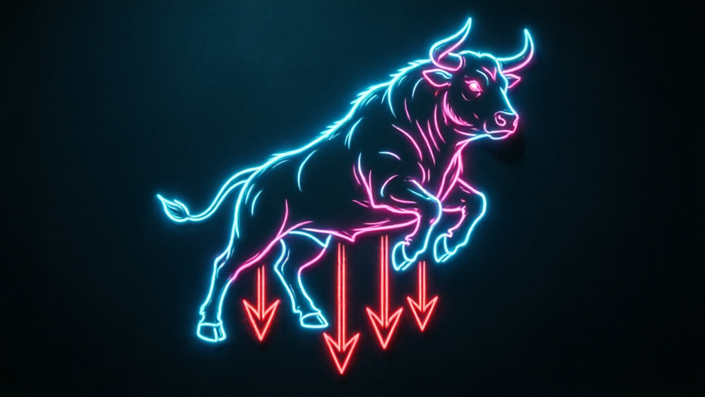 bull silhouette rising above four falling red arrows on dark background