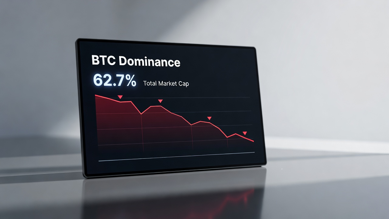 chart screen showing btc dominance percentage next to falling total market cap line