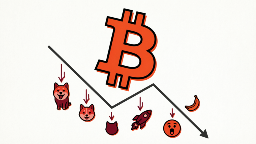 bitcoin symbol rising above falling red meme coin icons on a chart
