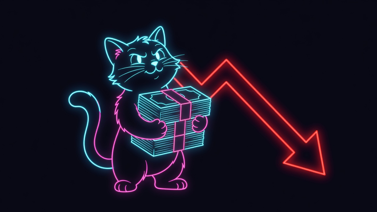 neon-outlined cartoon cat clutching cash stacks beside a red downward arrow