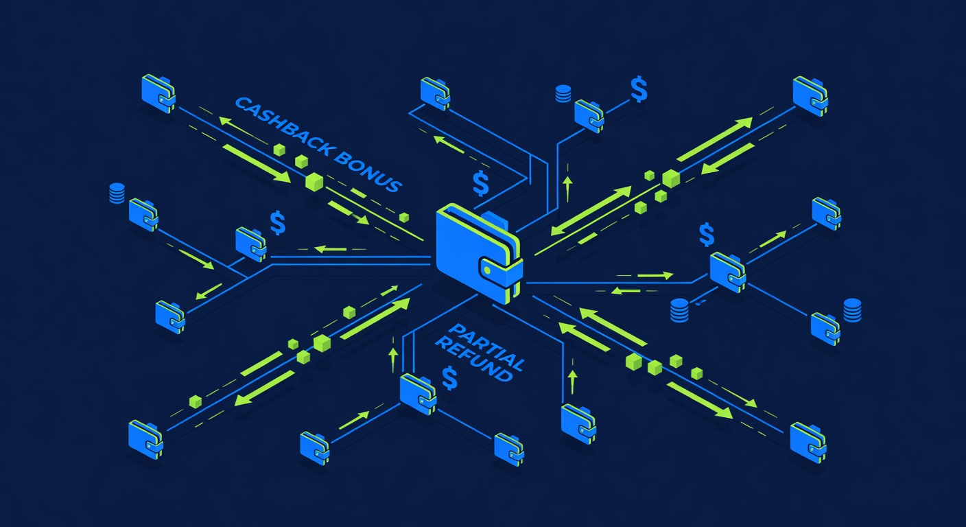 cashback bonus represented as partial refund flowing backward through wallet network