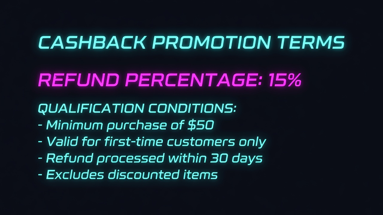 cashback promotion terms document showing refund percentage and qualification conditions specified