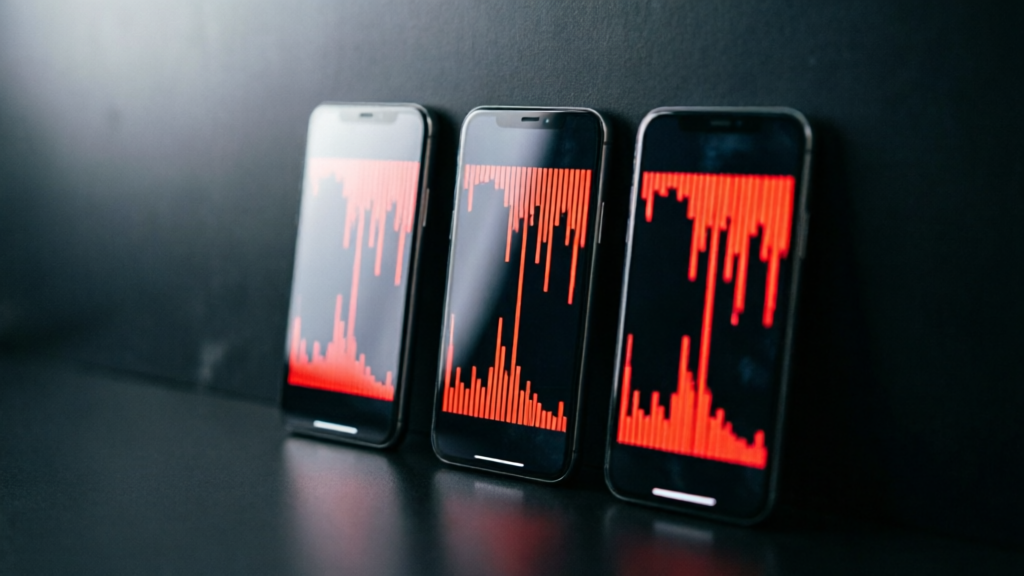 falling red charts on multiple phone screens in low light
