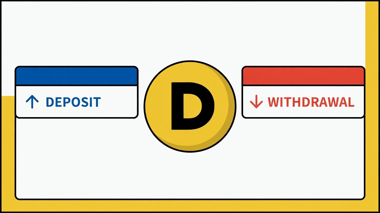 dogecoin cryptocurrency logo with deposit and withdrawal transaction interface