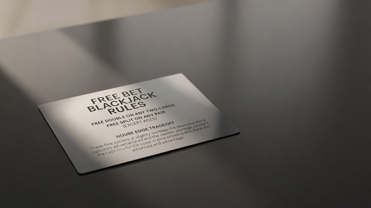 free bet blackjack rule card showing free double and split privileges with house edge tradeoff