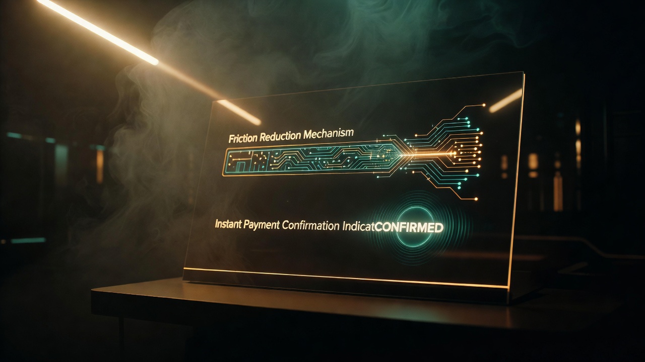 digital wallet interface displaying friction reduction mechanism with instant payment confirmation indicator visible