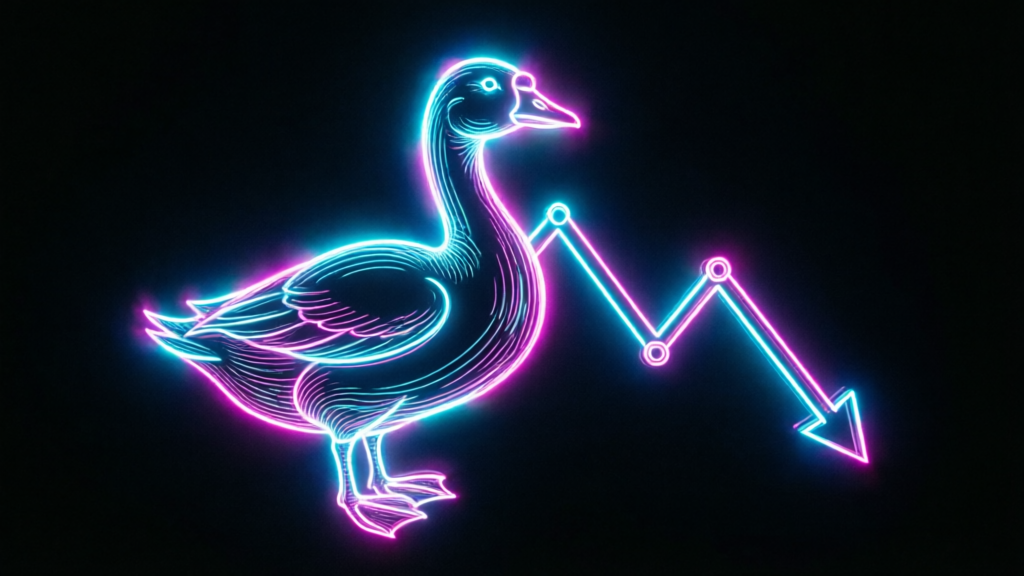 neon outline of a goose token rising next to a falling chart line