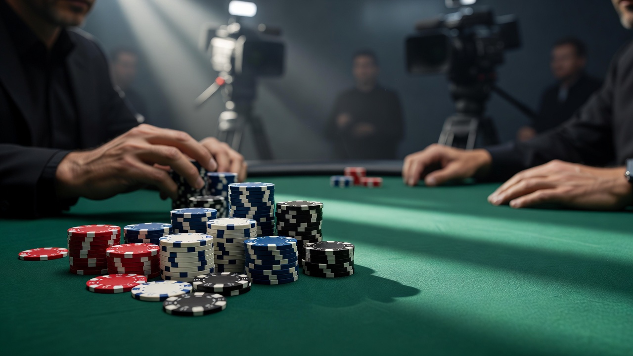 high stakes poker television broadcast camera shot showing player chip stacks at felt