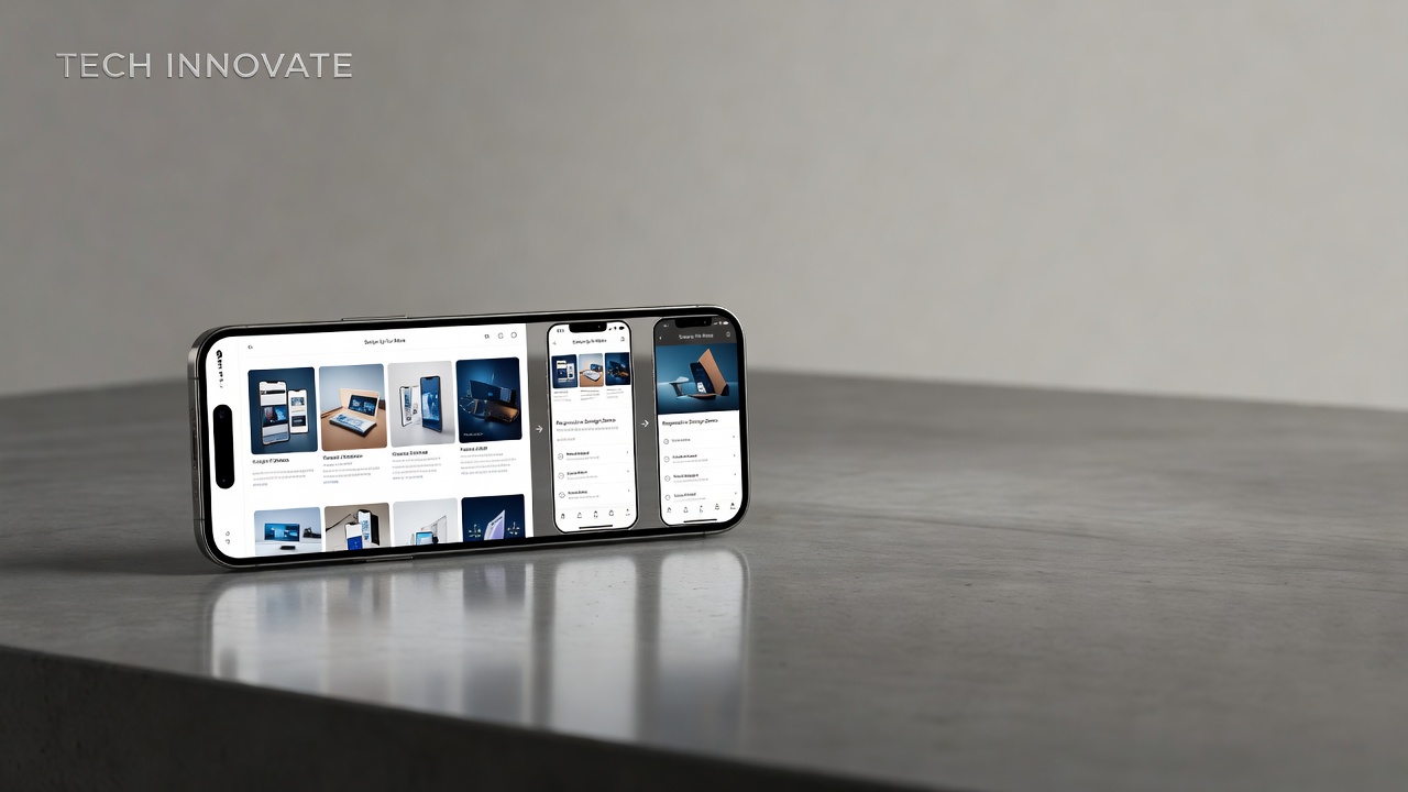 mobile phone screen mockup showing responsive layout transformation from landscape to portrait reel orientation