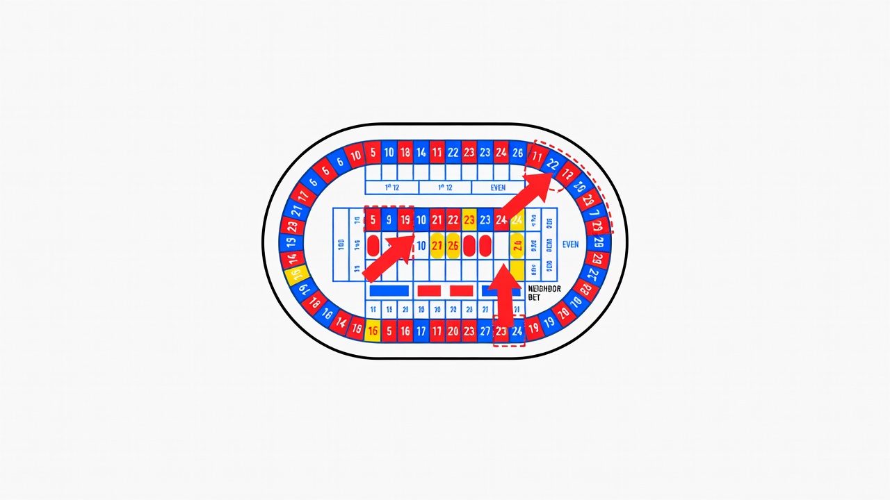 racetrack roulette betting layout showing neighbor bet selection on grid configuration